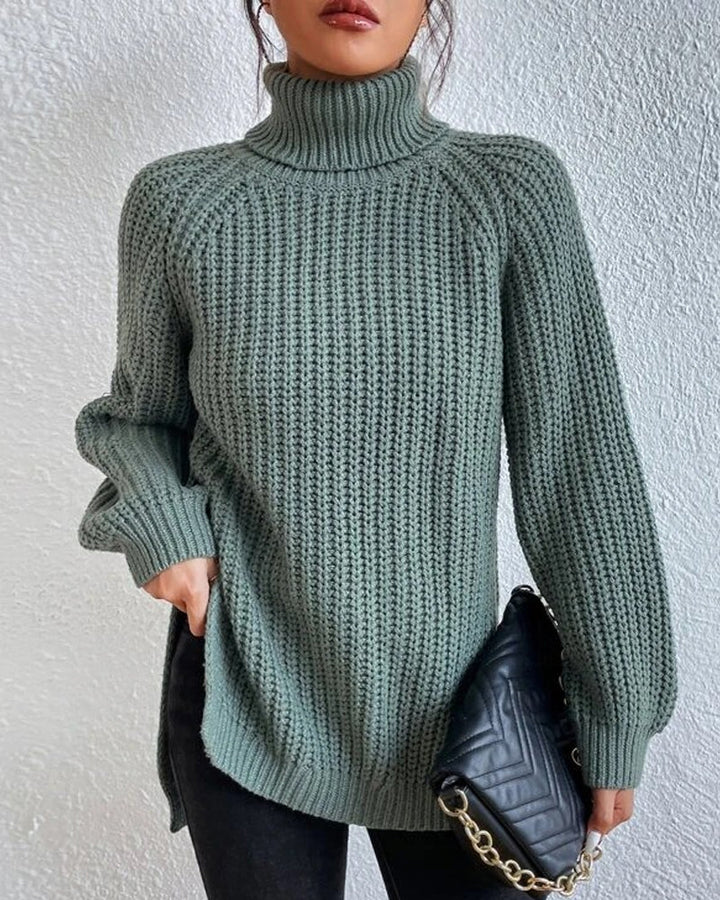 Stylish flat lay of a Women's Winter Ribbed Turtleneck Sweater with seasonal accessories