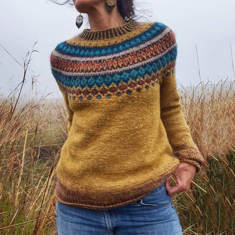 Women's yellow Fair Isle crew neck sweater, long sleeve, cozy for winter fashion & casual wear. Nordic style comfort.