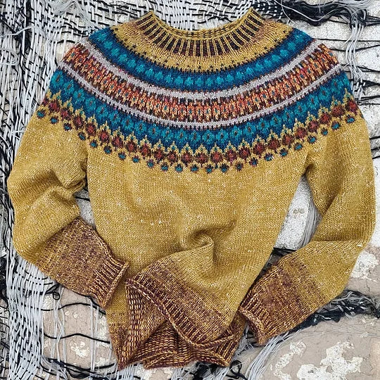 Cozy women's yellow Fair Isle crew neck sweater, relaxed fit, ideal for winter fashion & holiday style comfort.