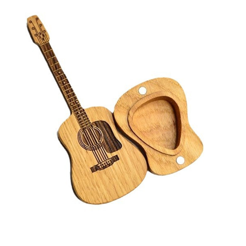 Empty wooden acoustic guitar pick holder box, ready for use.
