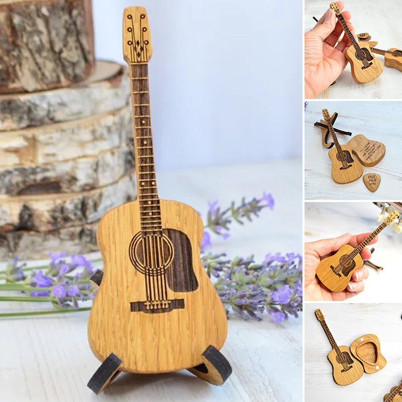 Handcrafted wooden guitar pick holder with stand, perfect musician gift.