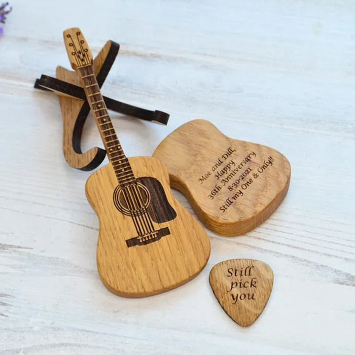 Desktop wooden guitar pick organizer, compact and stylish for musicians.