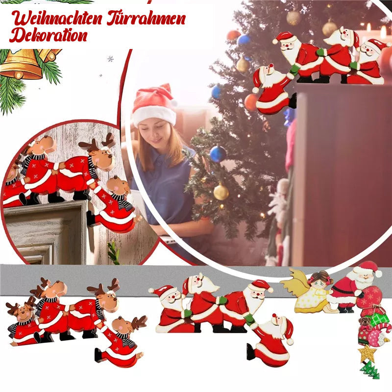 Festive doorframe decoration featuring a wooden elk design, perfect for Christmas.