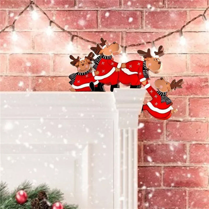Holiday doorframe decor made of wood with Santa, elk, and angel figures for Christmas.