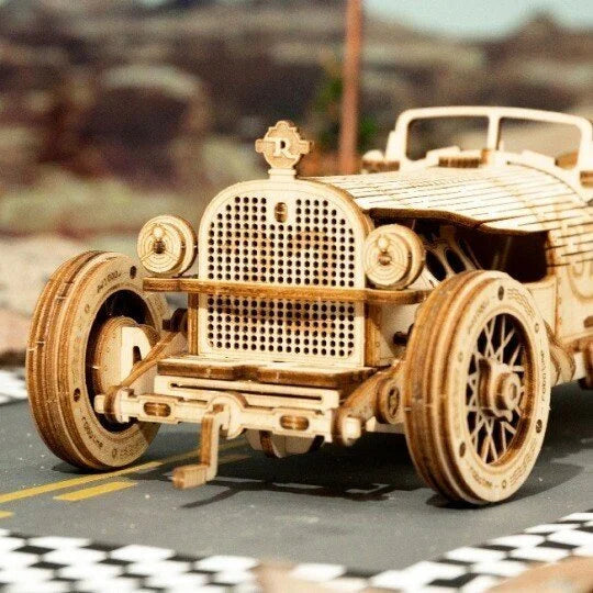 Completed wooden mechanical 3D puzzle, side view