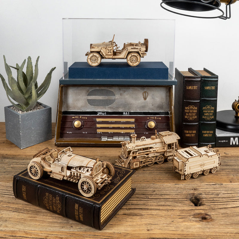 Detailed front view of a finished wooden vehicle model
