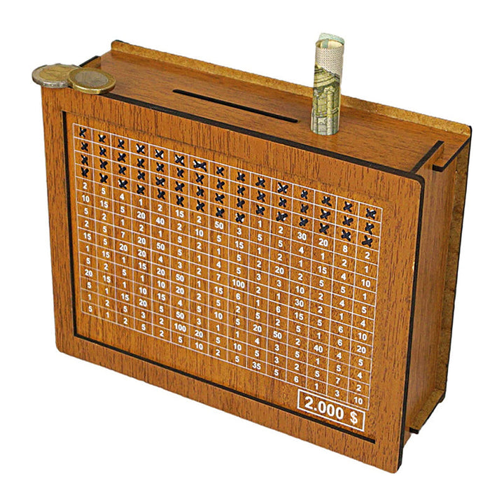 Close-up of the natural wood grain on a money savings box, emphasizing its quality and durability