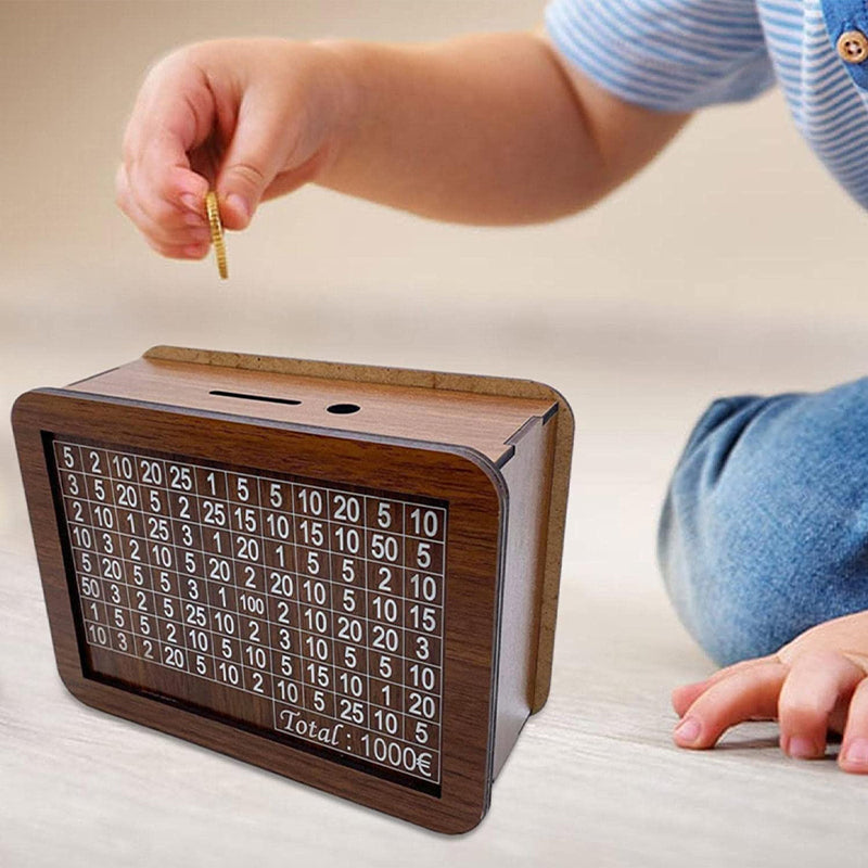 Close-up of wooden savings bank with engraved goal counter, perfect for financial education
