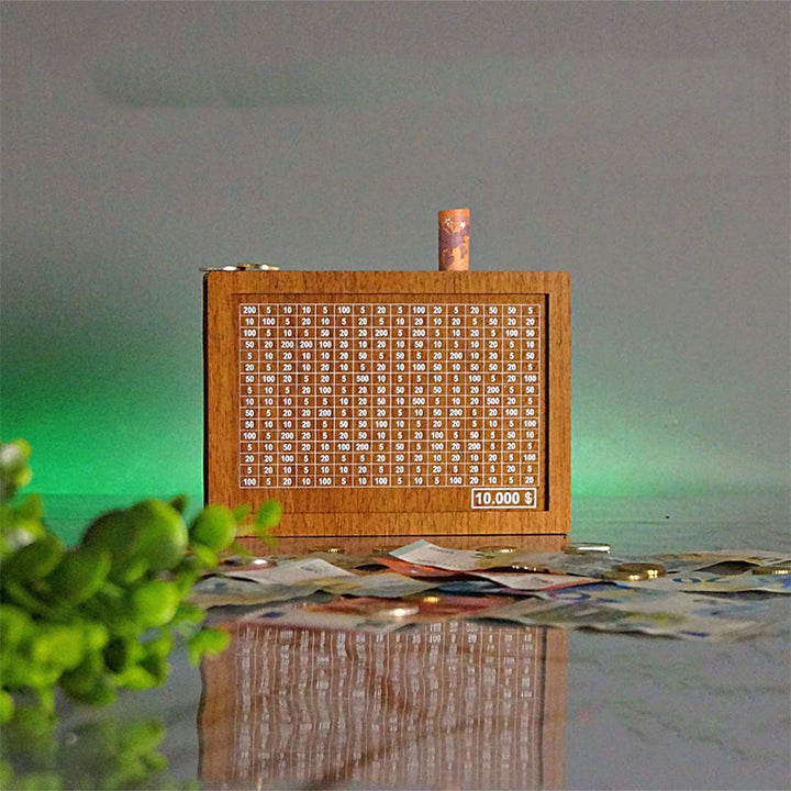 Wooden savings bank, shown from the side, demonstrating its compact and sturdy design