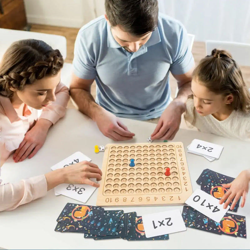 Tactile wooden multiplication board game, promoting hands-on math learning for young students