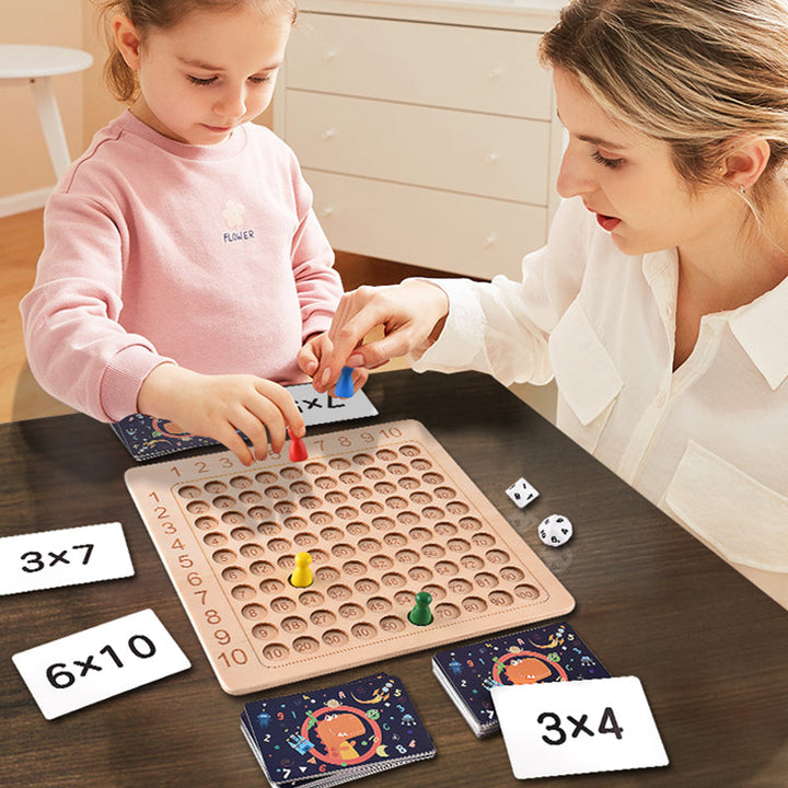 Early learning wooden multiplication board game for kids, featuring a grid and number pieces for math practice