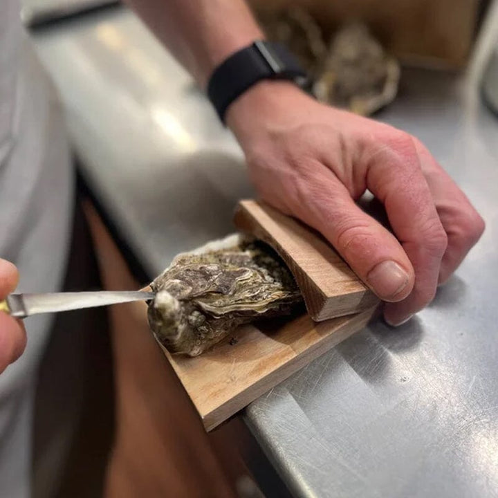 Close-up of oyster shucking clamp, securely holding an oyster for safe opening