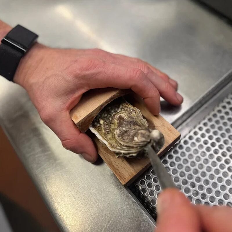 Oyster shucking clamp with an oyster, demonstrating its use for prep and safety