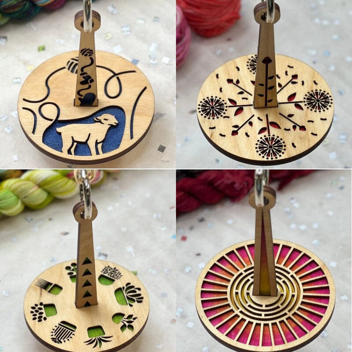 Side view of a natural wood yarn ball holder, a durable knitting and crochet accessory.