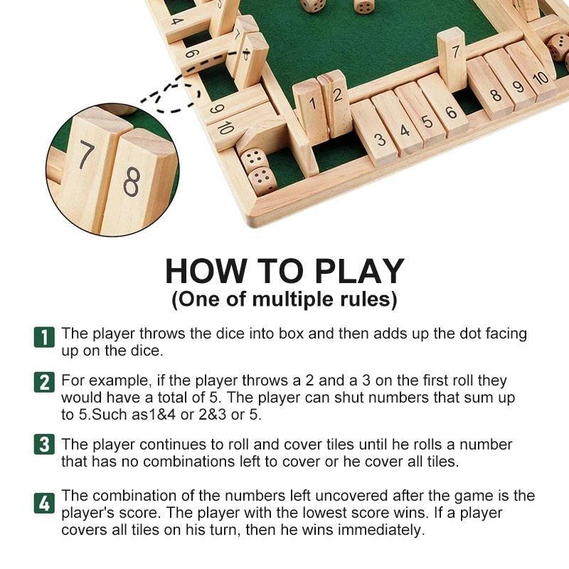 Shut The Box wooden game in action, dice being rolled, a popular tabletop and party game