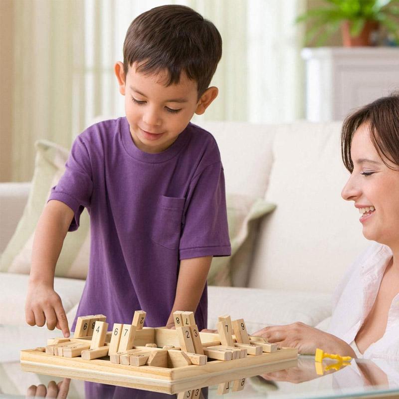 Set of Shut The Box wooden game with dice, ideal for teaching math and strategic thinking, family game