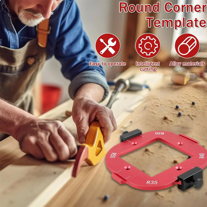 Aluminum woodworking router template, corner radius jig for diverse carpentry applications