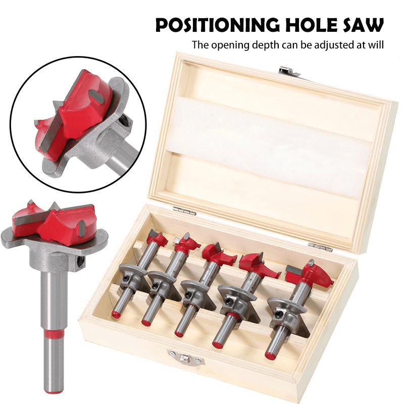 Woodworking Forstner drill bits set for precision holes, 5 pieces.