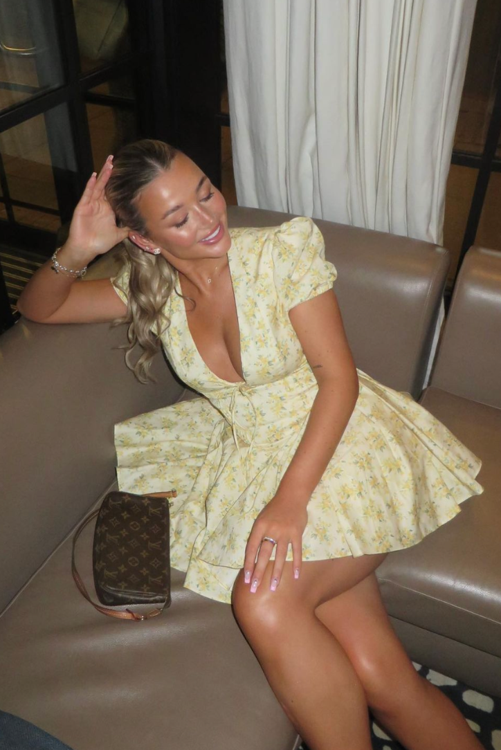 Elegant women's floral puff sleeve sundress, mini length, with a chic open back.