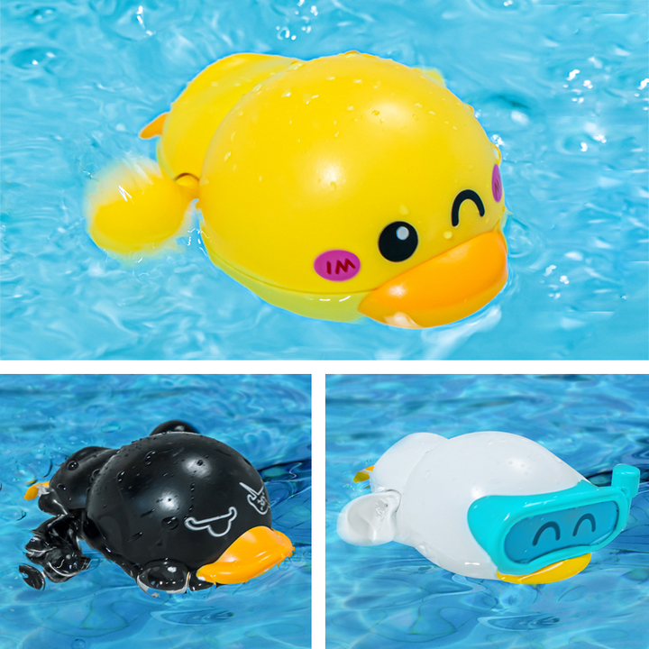 Yellow wind-up swimming duck bath toy, perfect for toddlers and kids' water play fun