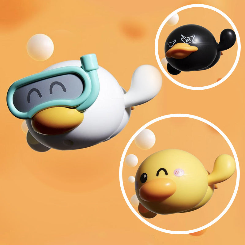 Cute yellow duck wind-up bath toy with flippers submerged in bathtub water, ready to swim