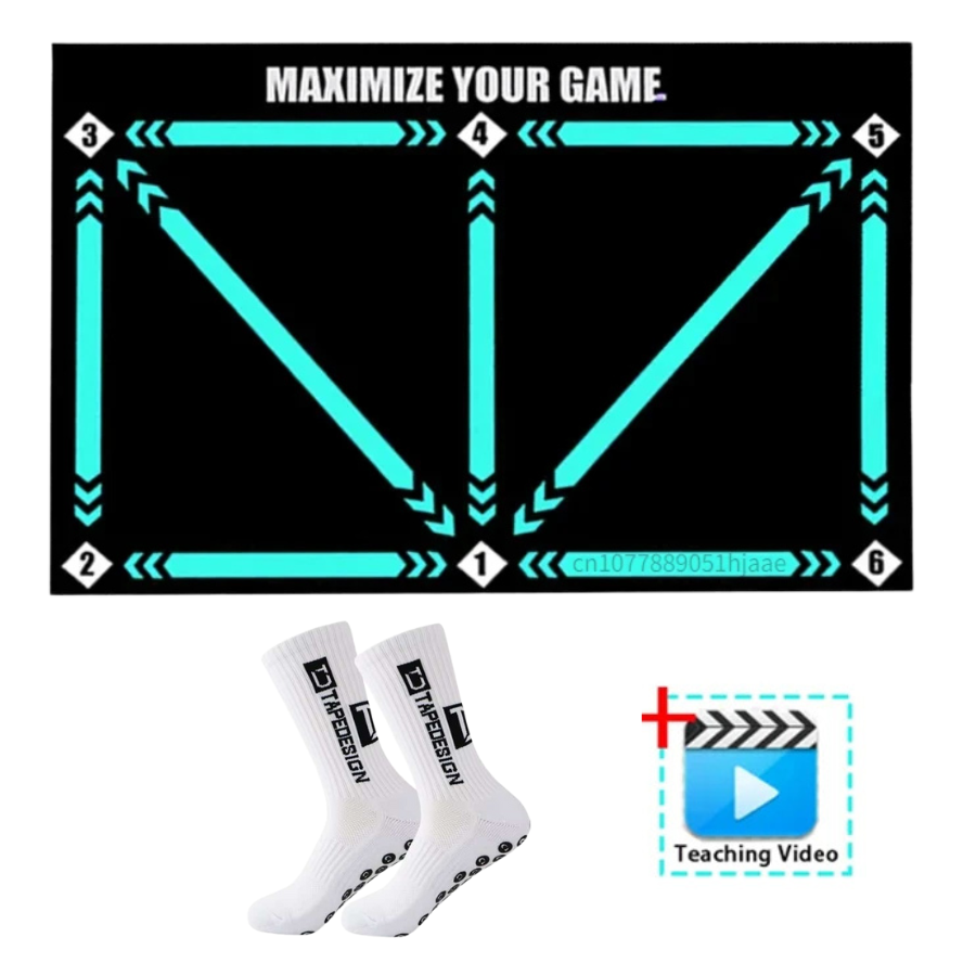Football training mat for young athletes, featuring a video coaching program to improve soccer skills & coordination.