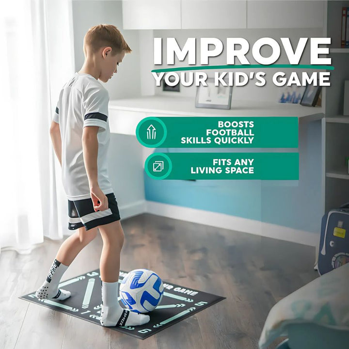 Youth athletic training mat with video coaching, enhancing football/soccer drills & agility for home use.